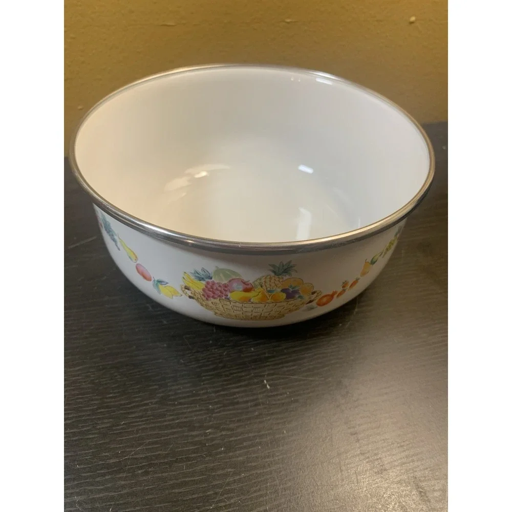 Kobe‎ Kitchen Mixing Bowl Enamelware Fruit Basket Print Vintage 6 1/4